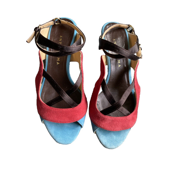 Anteprima Womens Leather Open Toe Ankle Strap Sandals Heels Red Blue Size 36 6 - Picture 2 of 9